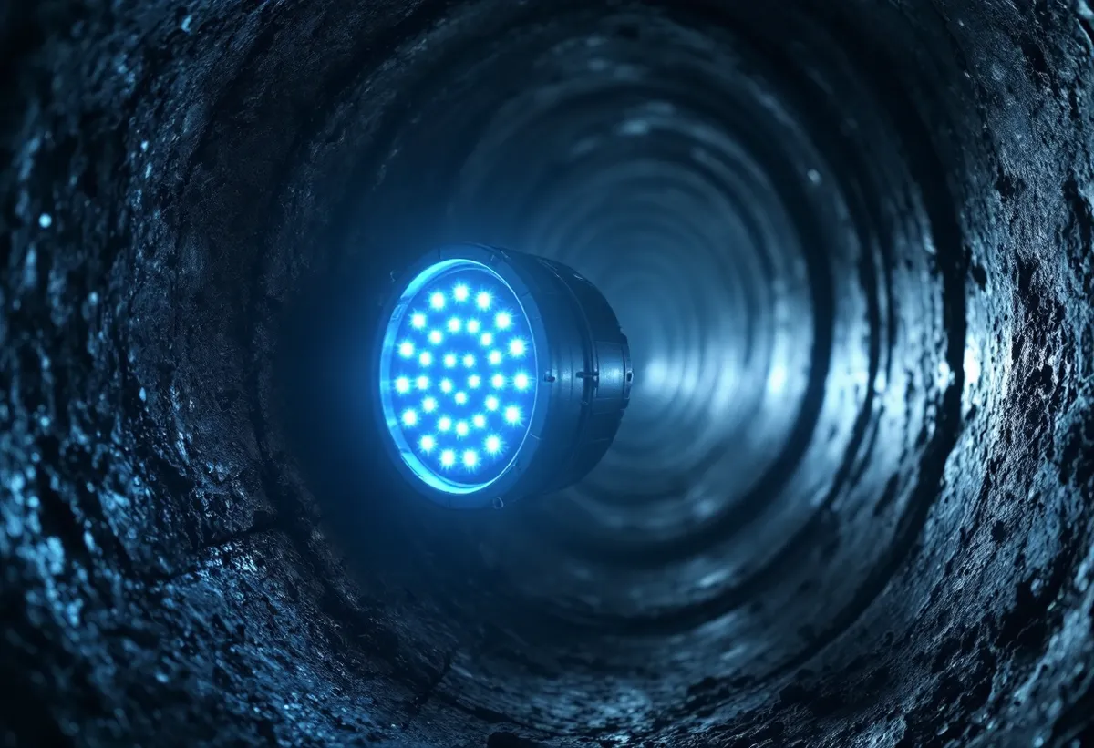 Câmera de vídeo inspeção com LED iluminando o interior de uma tubulação